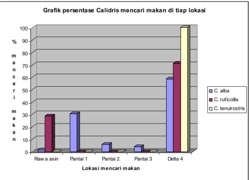 Gambar 4. Grafik persentase genus Calidris mencari makan di tiap lokasi  