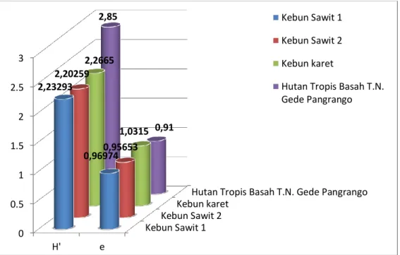 Gambar 5. Grafik Indeks keragaman Shanon-Winner (H’) dan Indeks kemerataan  Evennes (e) kumbang tinja dikebun sawit dan kebun karet 