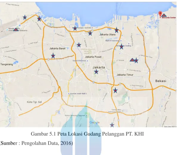 Gambar 5.1 Peta Lokasi Gudang Pelanggan PT. KHI  (Sumber : Pengolahan Data, 2016) 