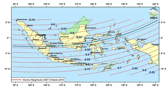 Gambar  3.  3.  Peta  lintasan  Gerhana  Matahari  Total  9  Maret  2016  di  Indonesia  (sumber : BMKG, 2016)