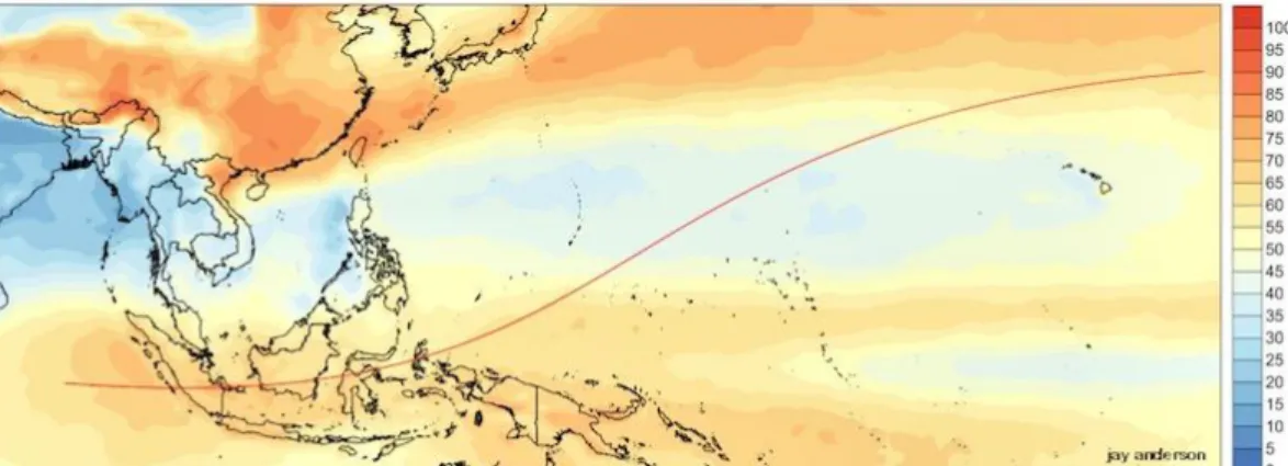 Gambar  3.  4.  Prediksi  tutupan  awan  pada  tanggal  9  Maret  2016.  Garis  merah  menunjukkan  jalur  totalitas  GMT  (sumber  :  Anderson  &amp;  West,  2016)