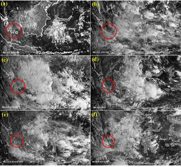 Gambar  3.  5.  Citra  satelit  yang  menunjukkan  keadaan  awan  di  langit  Indonesia  selama  6  tahun  terakhir  pada  tanggal  9  Maret