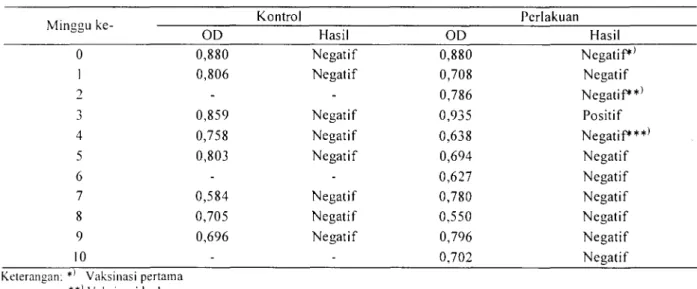 Tabel  I. Hasil  Pemeriksaan  ELISA  Terliadap  Seruni  lnduk Sapi  Kontrol  Minggu  ke-  ~ e z k u a n   OD  Hasil  OD  Hasil  -  0  0,880  Negatif  0,880  ~ e ~ a t i P )   Negatif  Negatif  Negatif  Negatif  Negatif  Negatif  Negatif  Negatif  ~ e ~ a t