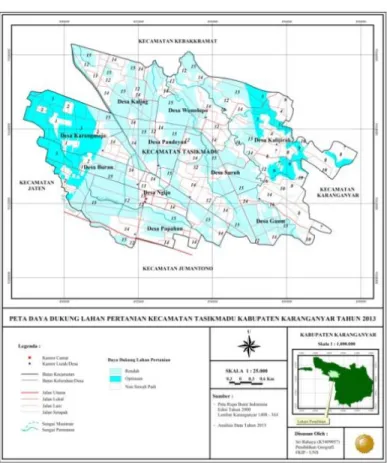 Tabel 6. Perhitungan Daya Dukung Lahan Pertanian Kecamatan Tasikmadu Tahun 2013  Satuan Lahan  Luas Panen/ 