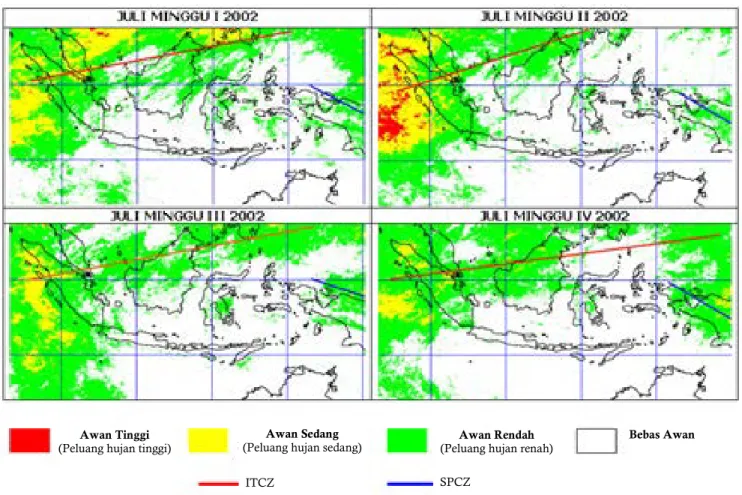 Gambar 1.  Monitoring liputan awan penghasil hujan ekstrim dan posisi ITCZ di Indonesia yang diolah dari data  Geosynchronous Meteorological Satellite (GMS) (Pusbangja-LAPAN 2003) 