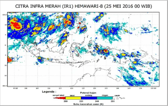 Gambar 3.  Citra inframerah Himawari-8 untuk monitoring curah hujan harian di  Indonesia tanggal 25 Mei 2016 pagi (Pusfatja-LAPAN 2016) 