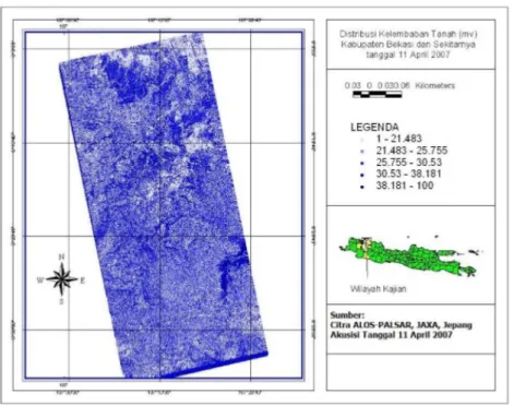 Gambar 7.  Distribusi kelembaban tanah dari citra ALOS PALSAR  (Prasasti et al. 2012) 