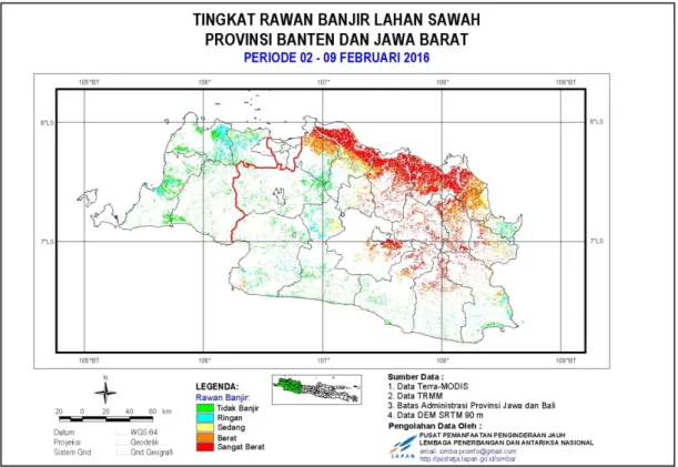 Figure 8.  Monitoring of weekly flood susceptibility over paddy field in Banten and West Java Provinces  during the period of 02-09 February 2016 (Pusfatja-LAPAN 2016) 