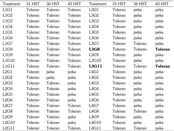 Tabel 1.  Tanggapan genotipe kedelai pada empat  level kadar salinitas pada umur 31, 36  dan 43  HST