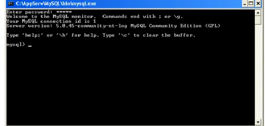 Gambar II.2. Tampilan MySQL diakses dengan Command Prompt  Sumber : Taryana Suryana,  Jonathan Sarwono (2007 : 25) 