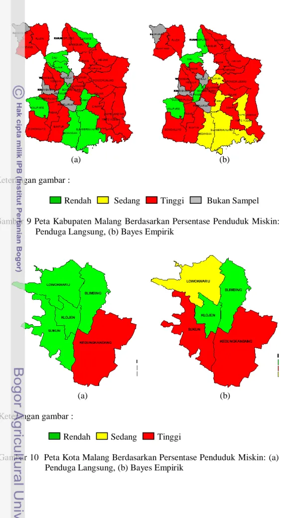 Gambar 10  Peta Kota Malang Berdasarkan Persentase Penduduk Miskin: (a)   Penduga Langsung, (b) Bayes Empirik 