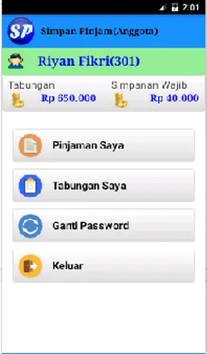 Gambar 8. Halaman utama pada aplikasi simpan pinjam  untuk pengguna Anggota 