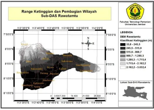 Gambar 3. Peta klasifikasi ketinggian dan pembagian wilayah sub-DAS Rawatamtu  Tabel 1