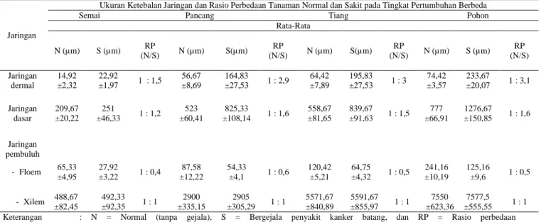 Tabel  1.  Ukuran  Ketebalan  Jaringan  dan  Rasio  Perbedaan  Tanaman  Normal  dan  Sakit  dari  Batang  Langsat                   (L