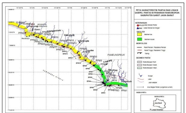 Gambar 4. Peta karakteristik pantai dan lokasi sampel pantai di Perairan Pameungpeuk,  Kabupaten Garut, Provinsi Jawa Barat 