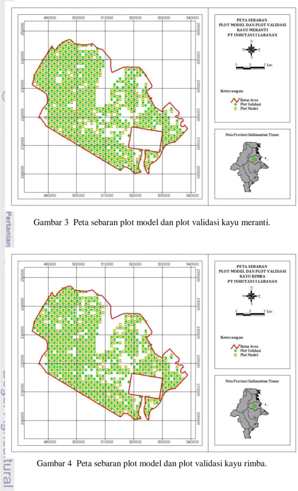 Gambar 3  Peta sebaran plot model dan plot validasi kayu meranti. 