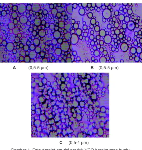 Gambar 1. Foto droplet emulsi produk VCO bercita rasa buah: 