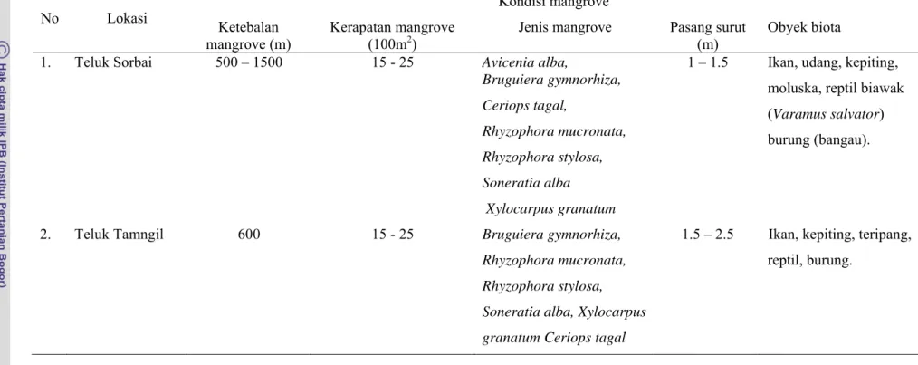 Tabel 16  Kondisi mangrove  Kondisi mangrove  No Lokasi  Ketebalan  mangrove (m)  Kerapatan mangrove (100m2) 