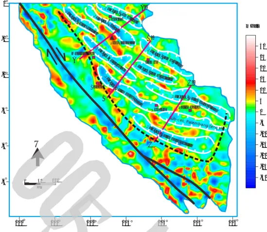 Gambar 10.  Pola cekungan daerah Sumatra Selatan berdasarkan anomali sisa.