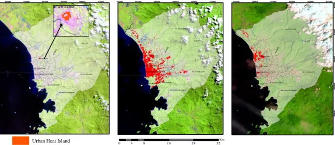 Gambar 1 a,b,c : Distribusi spasial  suhu permukaan  Kota Padang tahun 2007 – 2016  