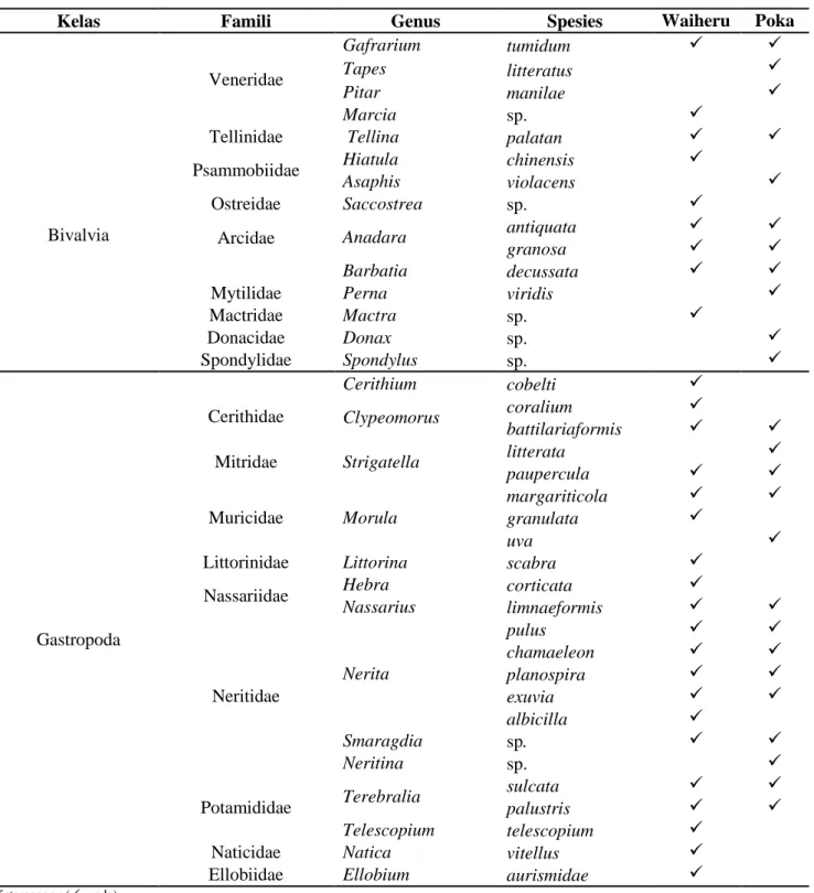 Tabel 1.  Komposisi spesies moluska yang ditemukan pada perairan pantai Waiheru dan Poka  