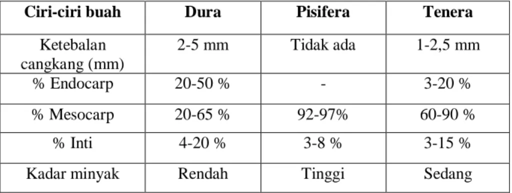 Tabel 2.4. Karakteristik buah kelapa sawit berdasarkan jenis buah. 