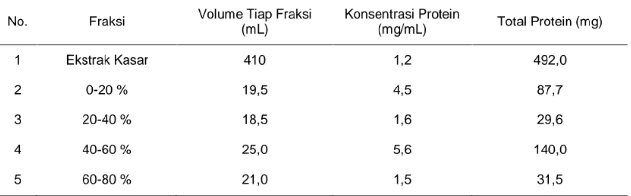 Tabel  1.  Pola  distribusi  ekstrak  kasar  dan  fraksi  protein  pada  fraksinasi  berbagai  tingkat  kejenuhan  ammonium sulfat pada alga merah Gelidium amansii  