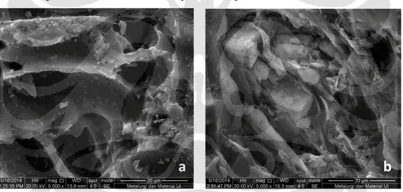 Gambar 1.  Foto permukaan karbon aktif dengan perbesaran 5000x: (a) Tempurung kelapa, (b) Batu bara  Sumber: Hasil uji lab (2014) 