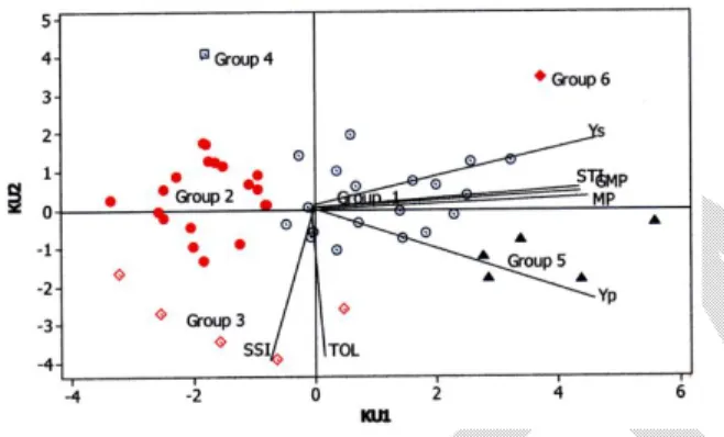 Gambar  7.  Tampilan  biplot  sifat  toleransi  stres  dan  grup  pada diameter batang 