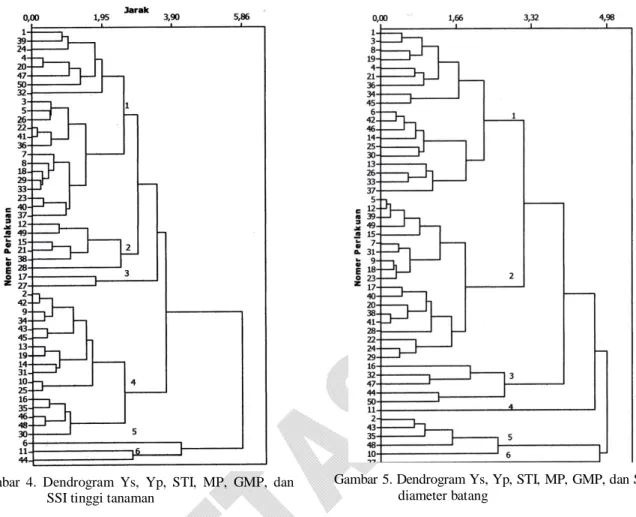 Gambar  4.  Dendrogram  Ys,  Yp,  STI,  MP,  GMP,  dan  SSI tinggi tanaman 
