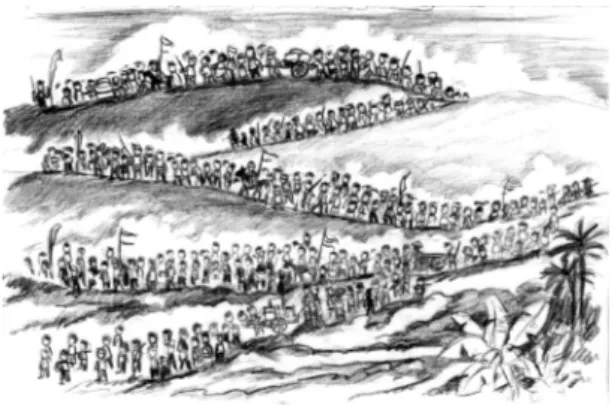 Ilustrasi gambar yang memperlihatkan penggiringan  10.000 orang Bugis Bone yang akan dipekerjakan di 