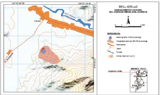 Gambar  1.  Peta situasi embung Desa Leosama,  Kabupaten Belu Tutupan vegetasi dan tataguna lahan 