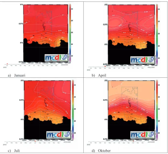 Gambar 6  Kondisi sebaran salinitas permukaan laut tahun 2012: a) Januari; b) April; 