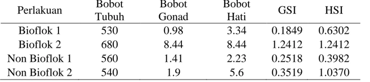 Tabel 1. Hasil pengukuran bobot tubuh, gonad, dan hati serta perhitungan GSI dan  HSI pada induk betina ikan lele Clarias sp