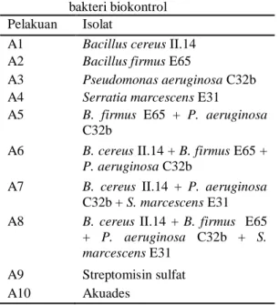 Tabel  2    Perlakuan  uji  antagonis  secara  in  vitro  untuk  isolat  dan  konsorsium  bakteri biokontrol 