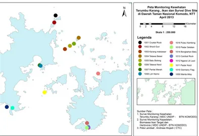 Gambar 1. Peta Cakupan Area survei  Pengambilan  data  kesehatan  terumbu  karang  (reef  health)  menggunakan  dua  metode,  yakni  metode  estimasi  tutupan  substrat  dan  Poin  Intersept  Transect  (PIT)