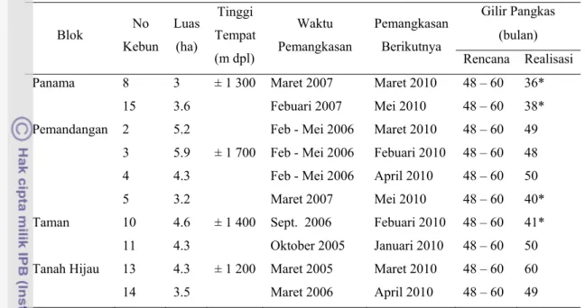 Tabel 5. Gilir Pangkas dan Umur Pangkas Beberapa Nomor Kebun di UP  Tambi  Blok  No  Kebun  Luas (ha)  Tinggi  Tempat  (m dpl)  Waktu  Pemangkasan  Pemangkasan Berikutnya   Gilir Pangkas (bulan)  Rencana Realisasi  Panama  8  3  ± 1 300  Maret 2007  Maret 