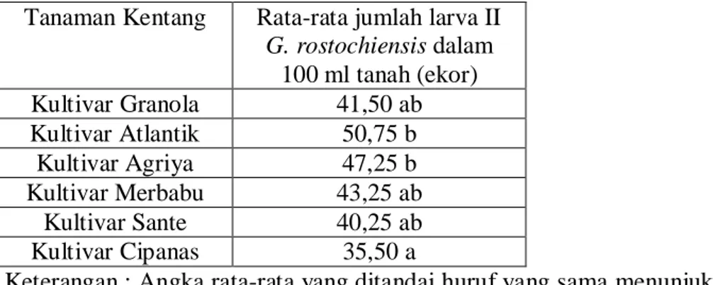 Tabel 2. Jumlah Larva II Globodera rostochiensis dalam 100 ml Tanah  Tanaman Kentang  Rata-rata jumlah larva II 