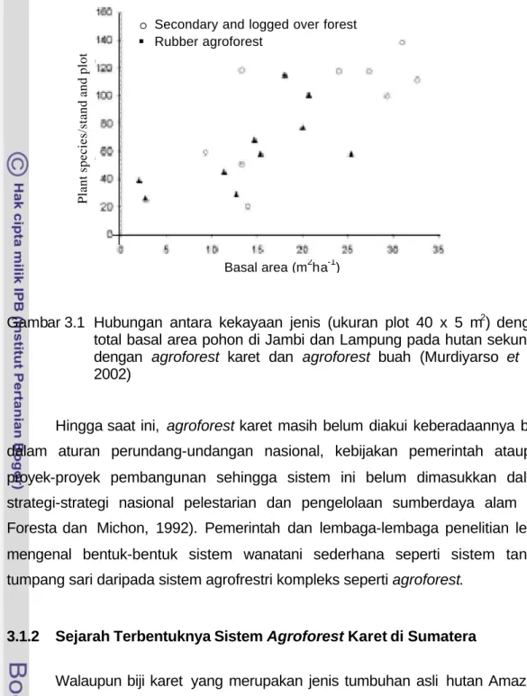 Gambar 3.1  Hubungan antara kekayaan jenis (ukuran plot 40 x 5 m 2 ) dengan  total basal area pohon di Jambi dan Lampung pada hutan sekunder  dengan  agroforest karet dan  agroforest buah  (Murdiyarso  et al.,  2002) 