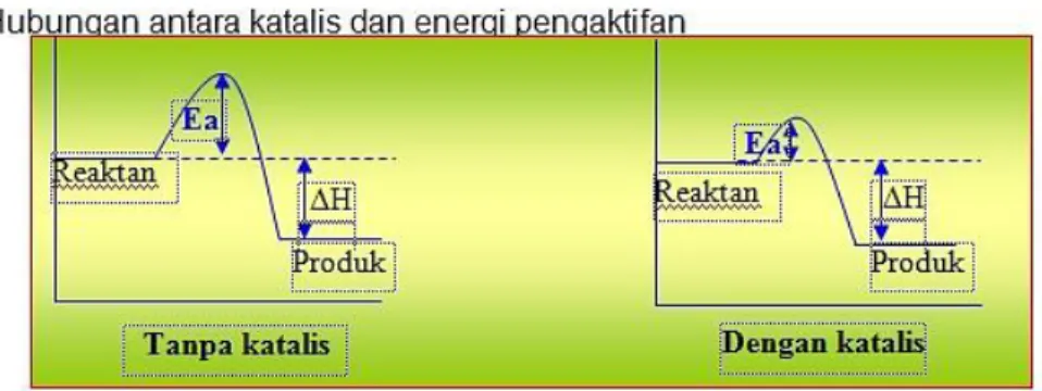 Gambar  4.  grafik  pengaruh  katalis  terhadap  energi  pengaktifan  (Ea)    Dengan  memperhatikan  gambar.4 diatas dapat dilihat bahwa tanpa katalis, energi pengaktifan (Ea) suatu reaksi lebih banyak,  sedangkan dengan menggunakan katalis, Ea menjadi leb