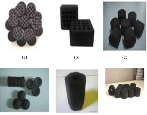Gambar 1. Bentuk-bentuk Briket : (a) Sarang Tawon Bulat (b) Sarang Tawon Kotak (c) Silinder  Pejal (d) Tablet (e) Hexagonal (f) Silinder Berlubang 