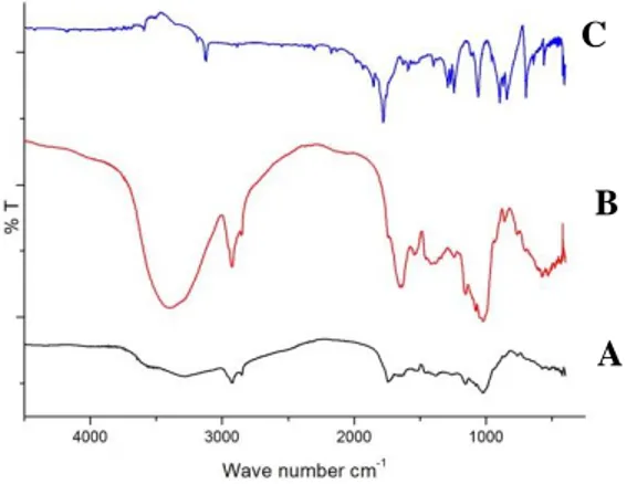 Gambar 2. Spektra FTIR dari (A) TKS-g-MAH, (B) TKS dan (C) MAH  Pada  spektra  FTIR  TKS  yang  sudah  digandengkan  dengan  MAH  terlihat  bahwa  intensitas  spektra  tersebut  semakin  meningkat  dibandingkan  dengan  sebelum  digandengkan  dengan  MAH