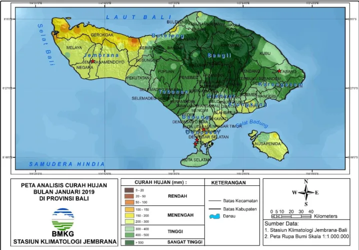 Gambar 1. Peta analisis curah hujan bulan Januari 2019  di Provinsi Bali