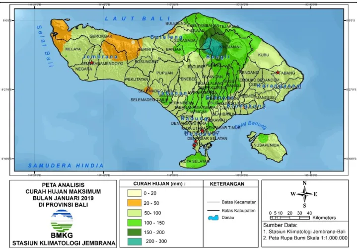 Gambar 3. Peta analisis curah hujan maksimum bulan Januari 2019 di Provinsi Bali