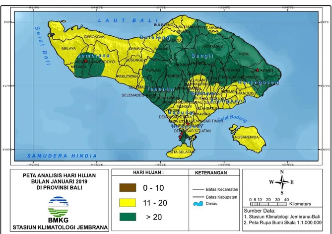 Gambar 4. Peta analisis hari hujan bulan Januari 2019 di Provinsi Bali