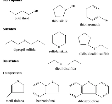 Gambar 1. Struktur kimia senyawa sulfur organik minyak bumi (Shennan, 1996)  2.4.  Dibenzotiofena 