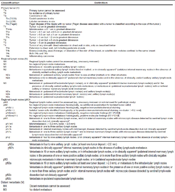 Tabel 2.1.Klasifikasi Kanker Payudara Berdasarkan Sistem TNM dari AJCC Edisi  Keenam (Singletary and Connolly, 2006)