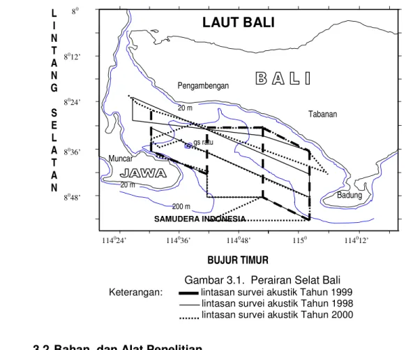Gambar 3.1.  Perairan Selat Bali  Keterangan:              lintasan survei akustik Tahun 1999 