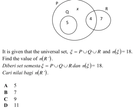 Gambar rajah Venn di bawah menunjukkan bilangan unsur dalam  set P, set Q dan   set R
