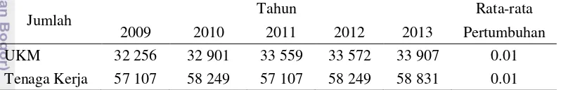 Tabel 1 Perkembangan jumlah usaha kecil menengah (UKM) dan tenaga kerja di Kota Bogor tahun 2009-2013 